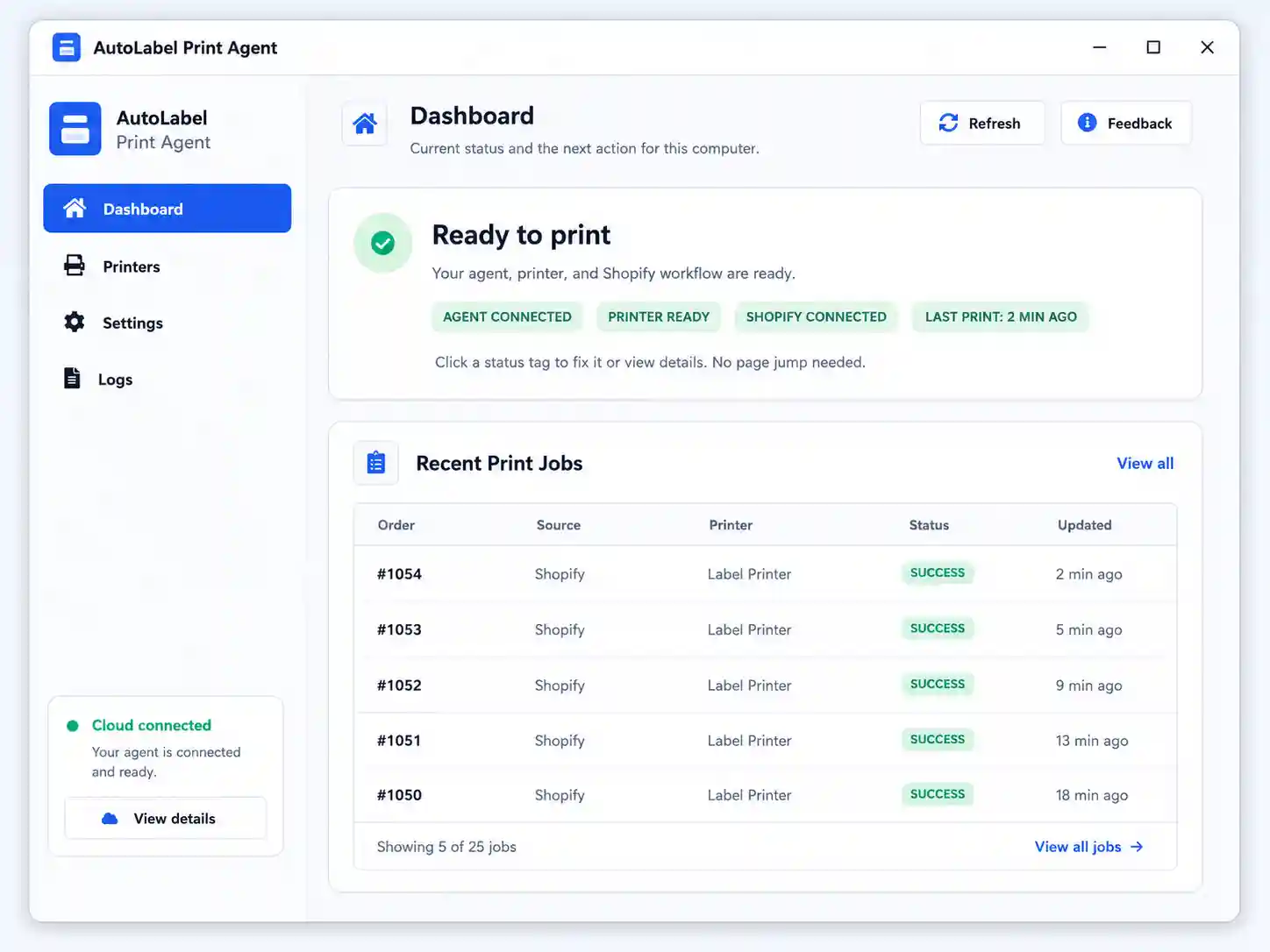 AutoLabel Print Agent dashboard preview